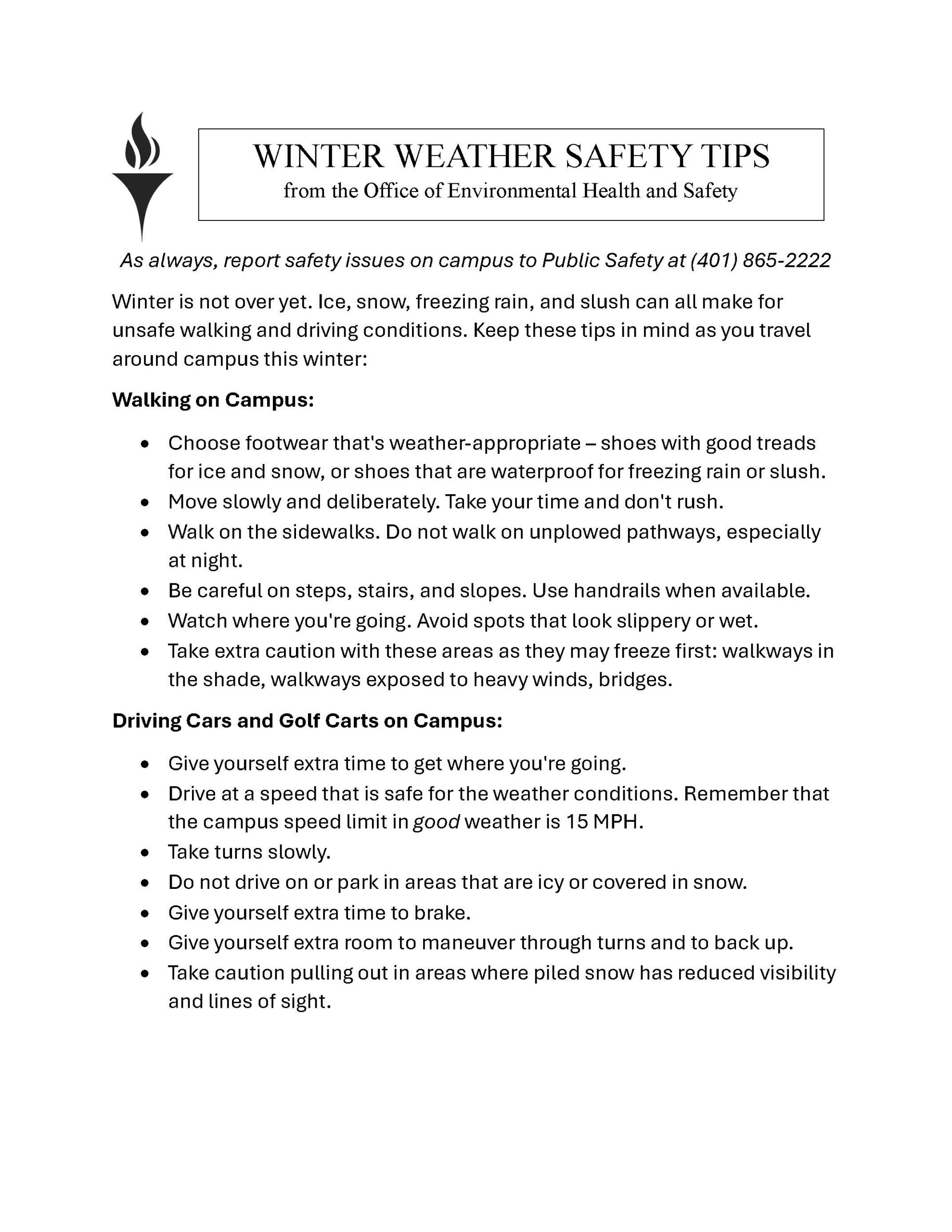 A document for winter weather safety tips while taking a car or walking on campus