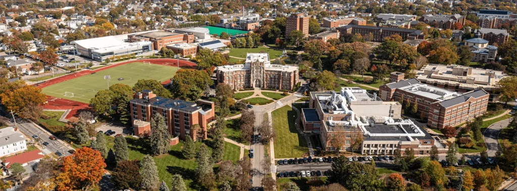 Aerial view of campus during the summer
